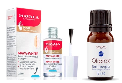 De izquierda a derecha: Mava-White Blanqueador para uñas con manchas de Mavala (12,80 €); Laca de uñas para combatir los hongos Oliprox de Olyan farma (21,20 €).