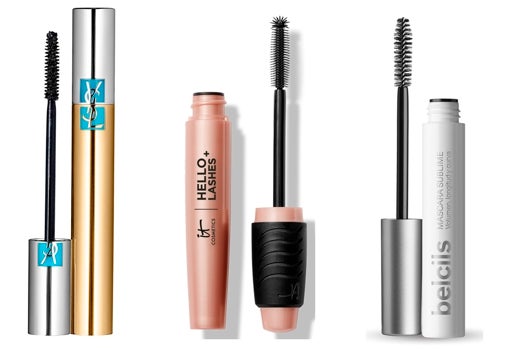 De izquierda a derecha: Máscara Volumen Efecto Pestañas Postizas waterproof de Yves Saint Laurent (37,99 €); Máscara de pestañas Hello Lashes+ de It Cosmetics (28 €); Máscara de pestañas Sublime de Belcils (17,87 €).