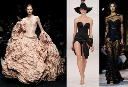 De izda. a dcha.: propuestas de Jean Paul Gaultier, Alexis Mabille y Zuhair Murad.