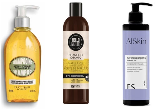 De izquierda a derecha: Champú al Aceite de Almendras de L'Occitane (16,50 €); Champú Aceite de Marula de Hello Nature (3,99 €); Champú Plankton Energizing de Alskin Cosmetics (19 €).