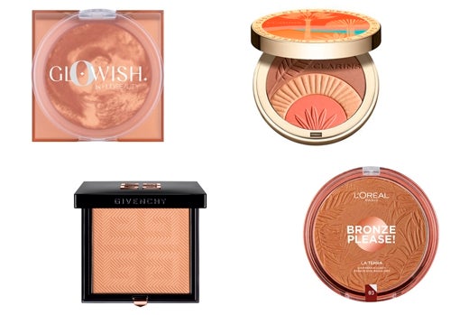 De izquierda a derecha y de arriba a abajo: Polvos bronceadores Glowish Soft Radiance de Huda Beauty (30,99 €, en Sephora); Polvos bronceadores Ever Bronce & Blush Summer de Clarins (42 €); Polvos bronceadores Teint Couture Healthy Glow de Givenchy (47,99 €, en Sephora); Polvos bronceadores Bronze Please! La Terra de L'Oréal Paris (14,95 €).