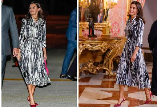 La Reina Letizia con vestido de Hugo Boss en La Habana en 2019 y en un acto oficial en Madrid en 2022