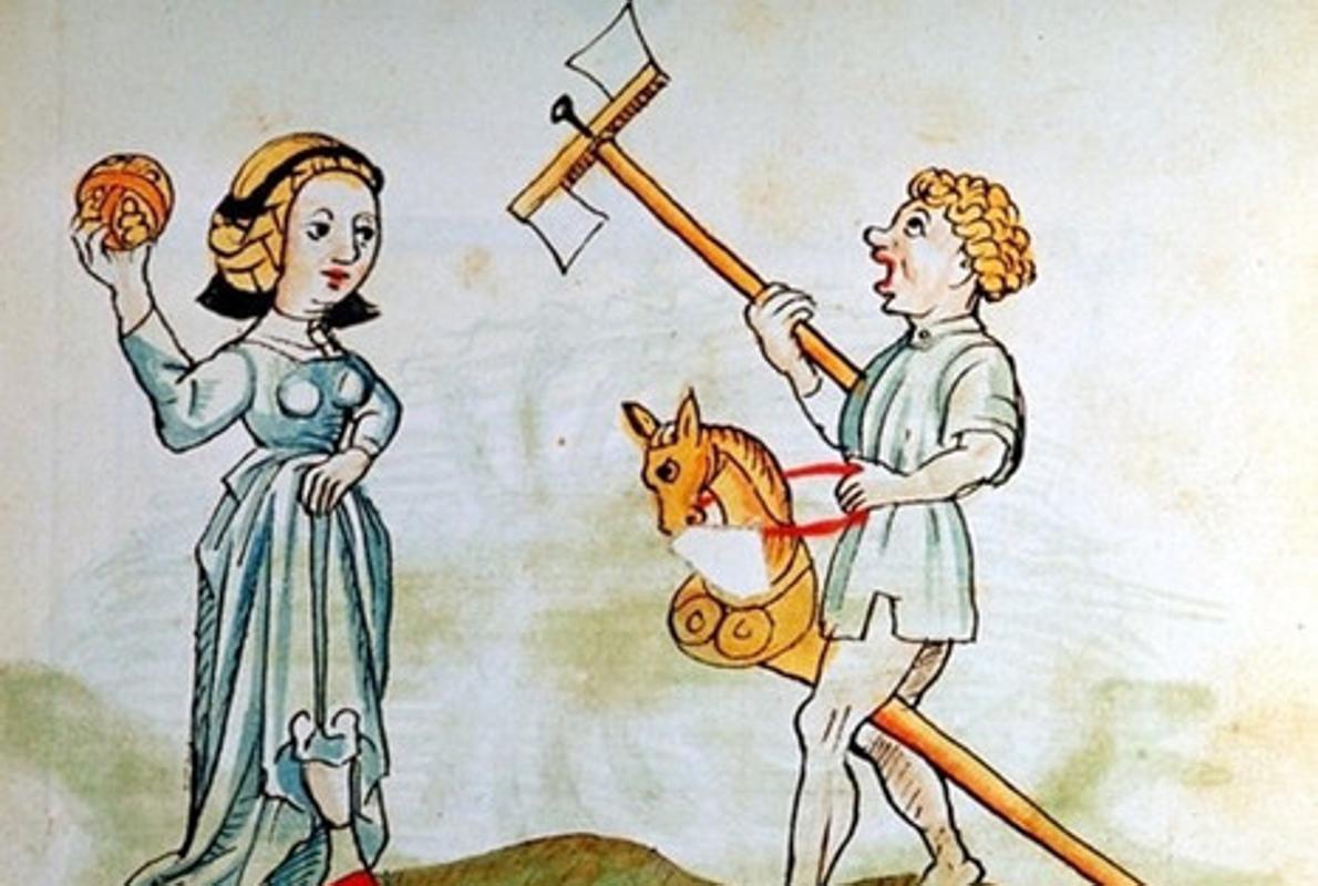 Ilustración medieval de niños jugando con un caballito y una pelota.