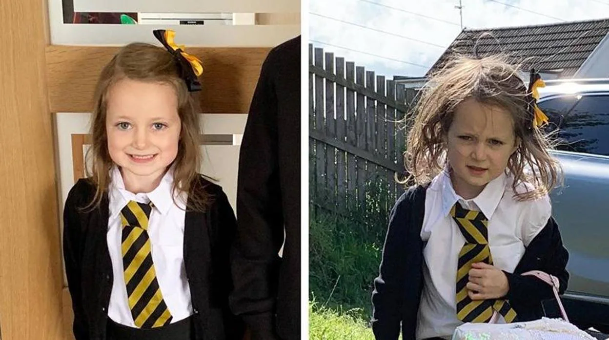 La foto del antes y el después de una niña en su primer día de clase que se ha vuelto viral en las redes sociales