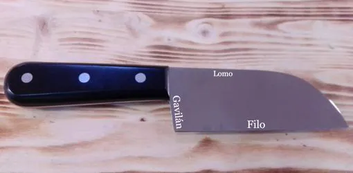 Ejemplo de cuchillo 'casquero' y sus partes, descritas por Eleazar Lorenzo