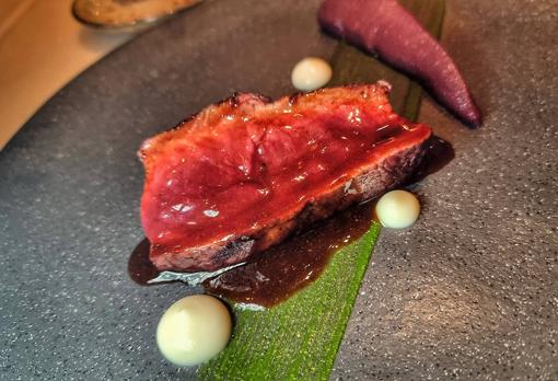 Lomo de venado, pera y clorofila de lechuga de mar