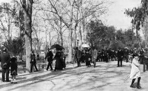 D. Alfonso XIII (1) y doña Victoria Eugenia (2) paseando por el parque de María...