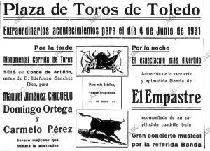 Cartel de la corrida celebrada el día 4 de junio de 1931 en la Plaza de Toros de...