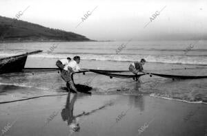 Niños Pescando con las Redes en una playa de la Rías de Vigo