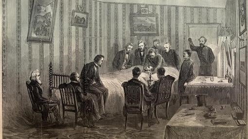 Ilustración de la muerte de Lincoln rodeado de sus hombres de confianza