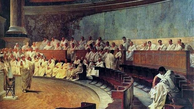 El famoso cuadro de Cesare Maccari, representa el momento en que Cicerón acusa a Catilina de traición ante el Senado aa
