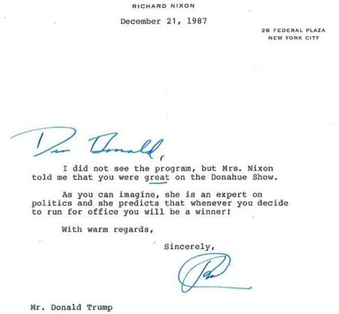 La carta profética de Richard Nixon anunciando la victoria de Trump hace 30 años