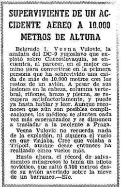 Texto del diario ABC en el que se contaba la historia y recuperación de Vesna Vulovic