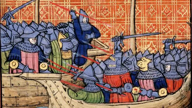 Detalle de una miniatura medieval del combate en La Rochelle