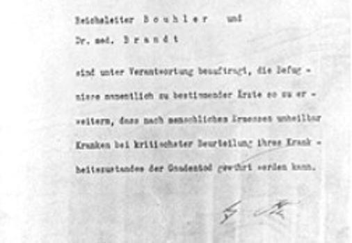 La autorización de Adolf Hitler para el programa de Eutanasia (Operación T4), firmada en octubre de 1939, pero fechada el 1 de septiembre de 1939