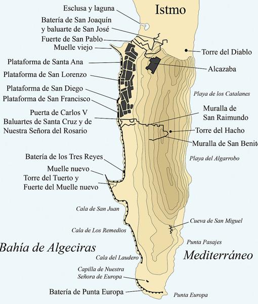 Mapa de las defensas de Gibraltar