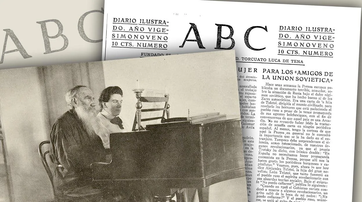Alexandra Tolstoi, con su padre, y la carta publicada en ABC, en 1933