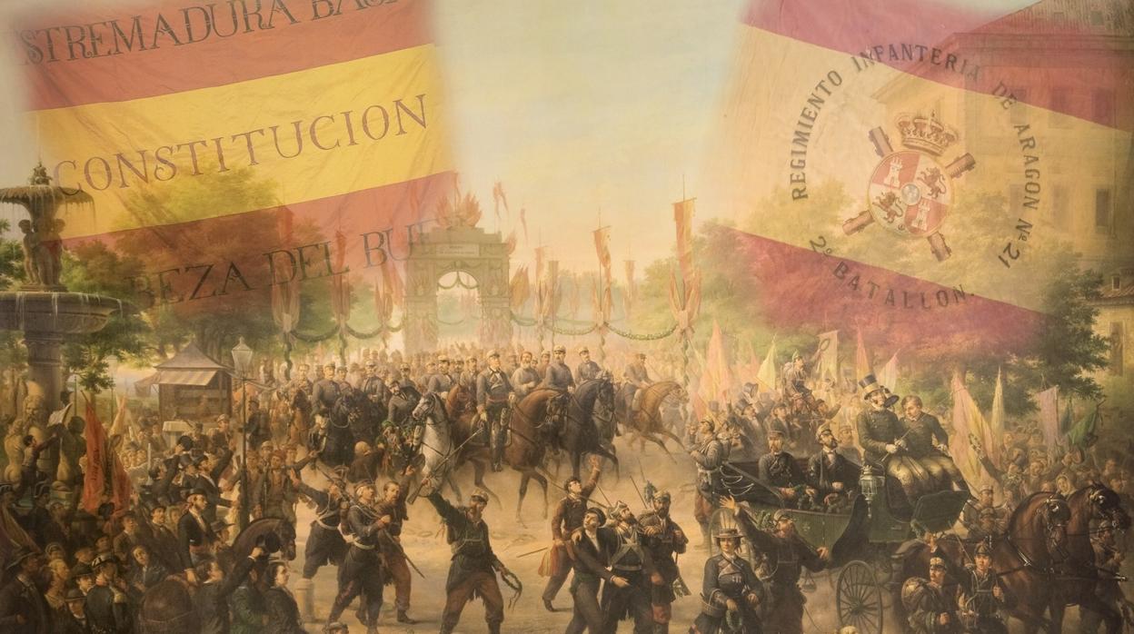 Cartel de la exposición del Museo del ejército «Rojo, amarillo y rojo, la bandera de todos. 175 aniversario»