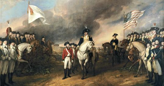 Pintura en la que se representa la rendición británica en Yorktown, por John Trumbull