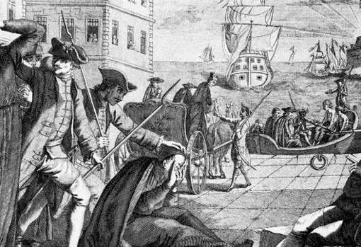 Ilustración que muestra a un grupo de jesuitas siendo embarcado para su expulsión