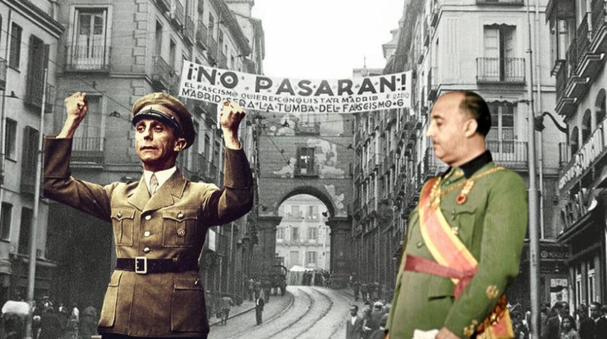 Montaje de Goebbles y Franco, sobre una imagen de la batalla del Ebro durante la Guerra Civil