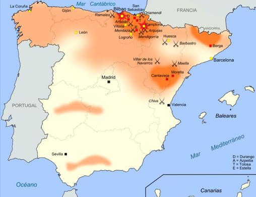 Mapa de calor de los lugares que registraron más batallas y actos militares durante la guerra