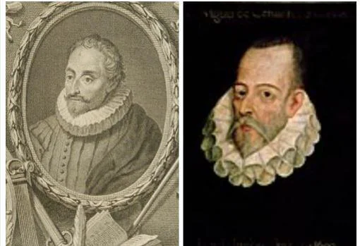 A la izquierda, grabado realizado por Salvador Carmona sobre Cervantes. A la derecha, cuadro del escritor pintado supuestamente por Juan de Jáuregui.