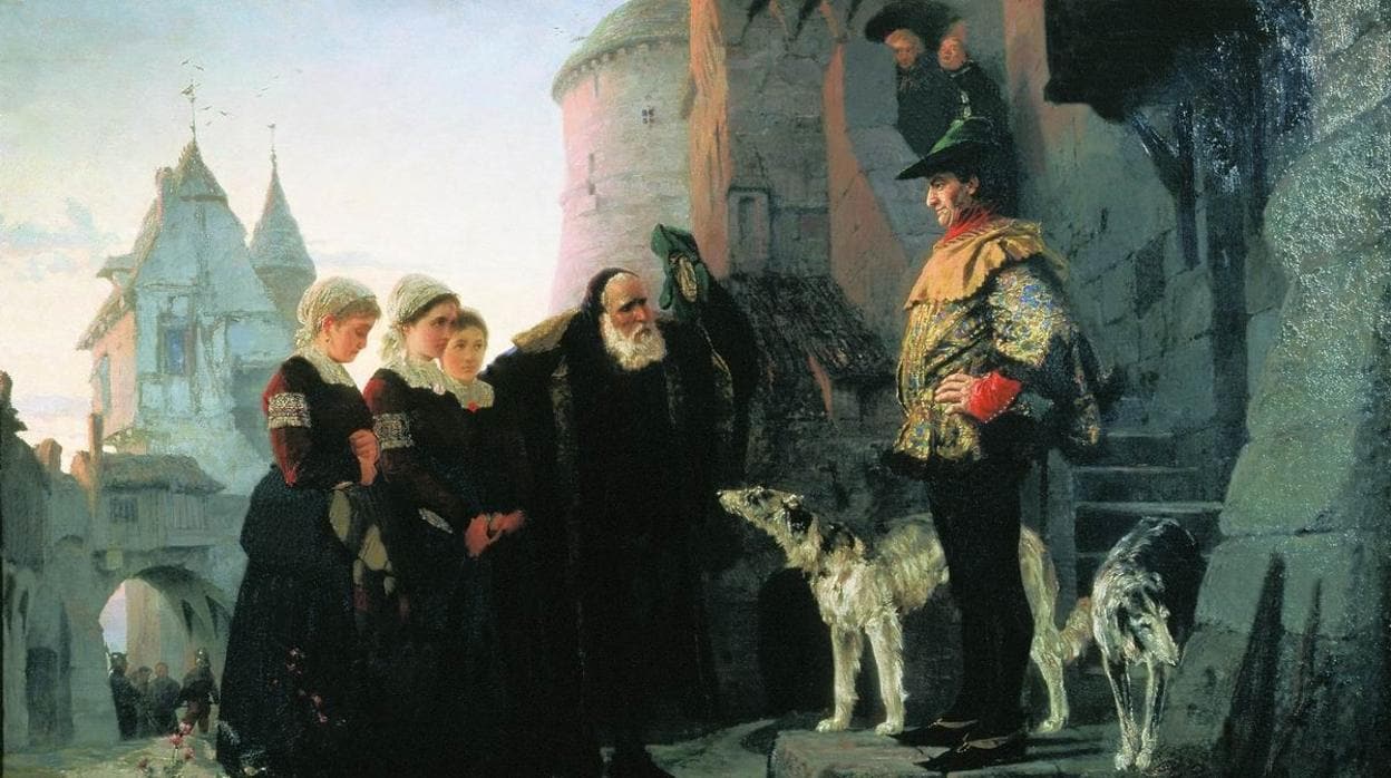 Un cuadro historicista que recrea de manera idealizada la escena de un anciano entregando sus jóvenes hijas al señor feudal.