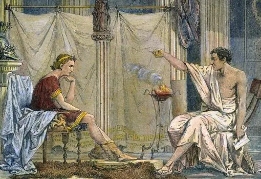 Alejandro y Aristóteles. El notable filósofo se ocupó de la formación intelectual del macedonio.