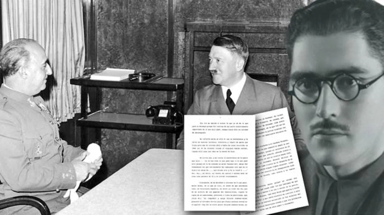 Enrique Giménez-Arnau, cuando fue nombrado director general de Presa en 1939, sobre una imagen de Franco (izquierda) y Hitler, durante la reunión de Hendaya un año después