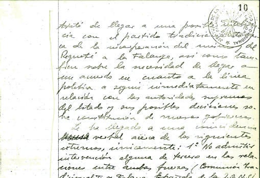 Acta de la Falange, en la que se rechaza tener relaciones con otras fuerzas