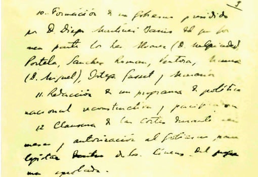 Manuscrito en el que José Antonio proponía un Gobierno de todas las tendencias presidido por el republicano Martínez Barrio, y en el que figuraban nombres tan variopintos como los de Miguel Maura, Indalecio Prieto, Gregorio Marañón y Ortega y Gasset