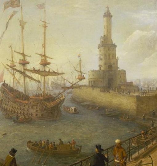 Un galeón español de tres puentes, anclado en Nápoles (Abraham Willaerts, 1669).