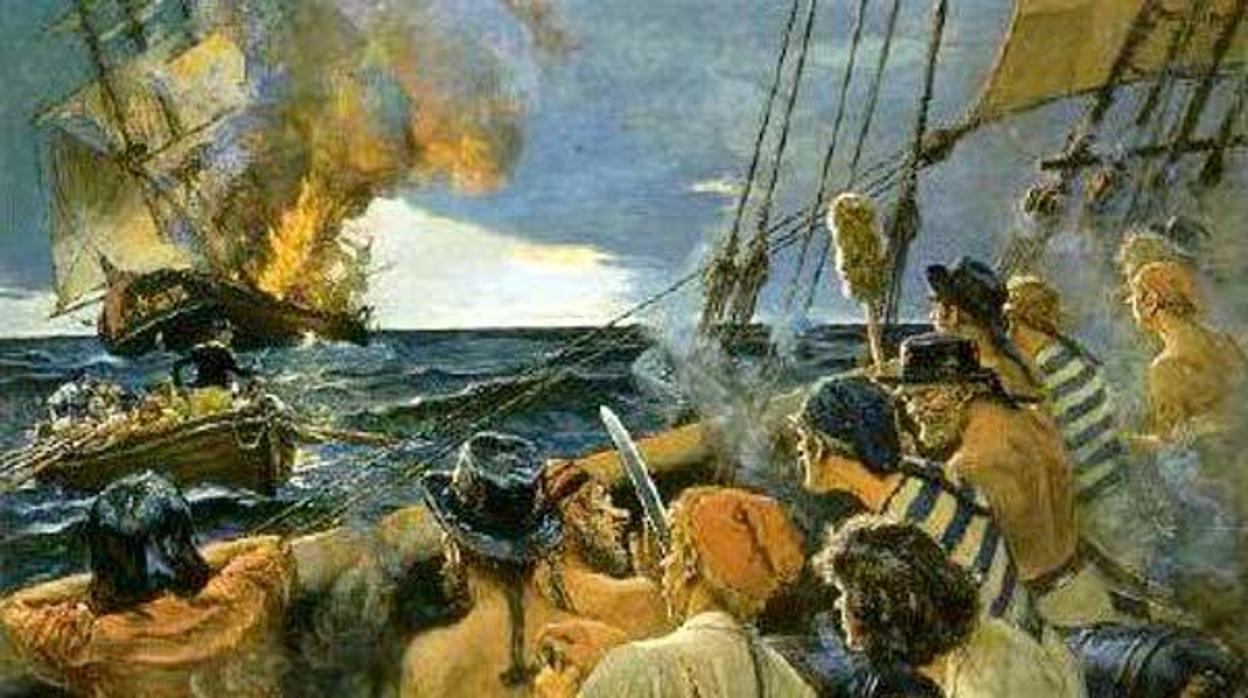 Cuadro que representa a un grupo de corsarios españoles, en plena acción