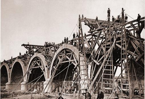 Construcción del Puente (ferroviario) de los Franceses en Madrid, Charles Clifford, 1859