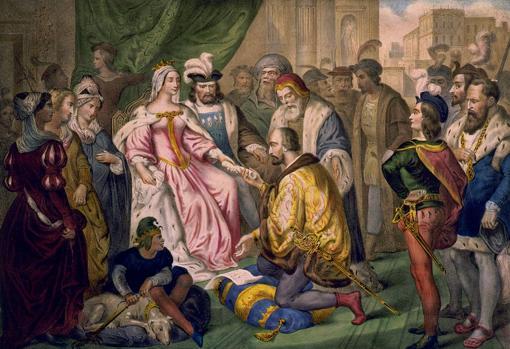 Cristóbal Colón ante los Reyes Católicos en la corte de Barcelona (V. Turgis, siglo XIX)