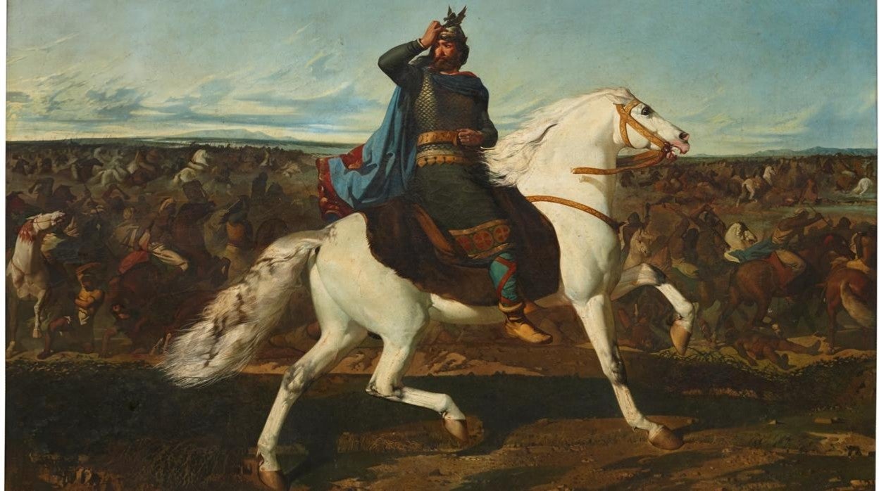 El Rey Rodrigo montando a su caballo Orelia en la batalla de Guadalete, pintado por Marcelino Unceta en 1858