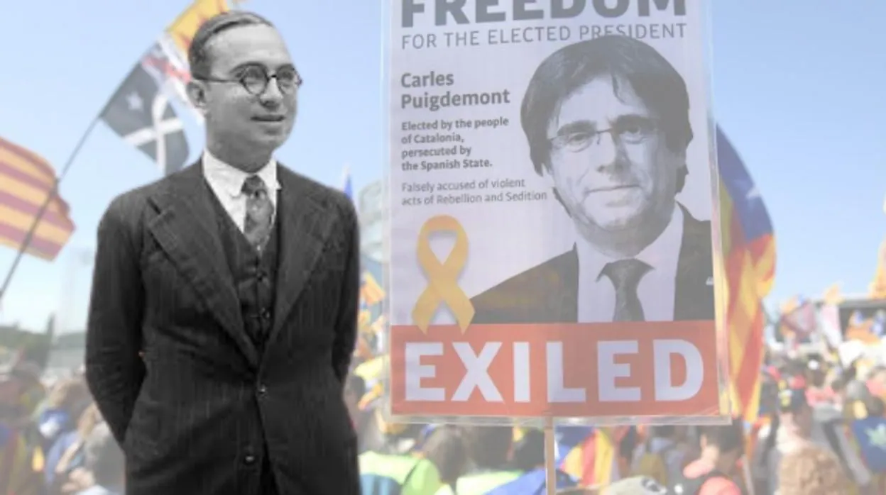 Josep Dencàs, en un montaje junto a una manifestación en favor de Puigdemont