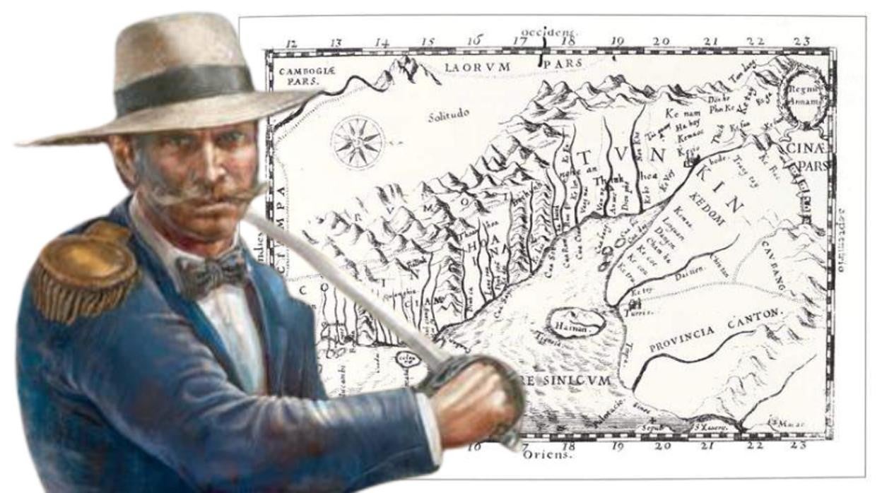 Montaje de un detalle de la Ilustración de Ricardo Sánchez incluída en 'En tierra extraña: Expediciones militares españolas', sobre un mapa antiguo de Vietnam