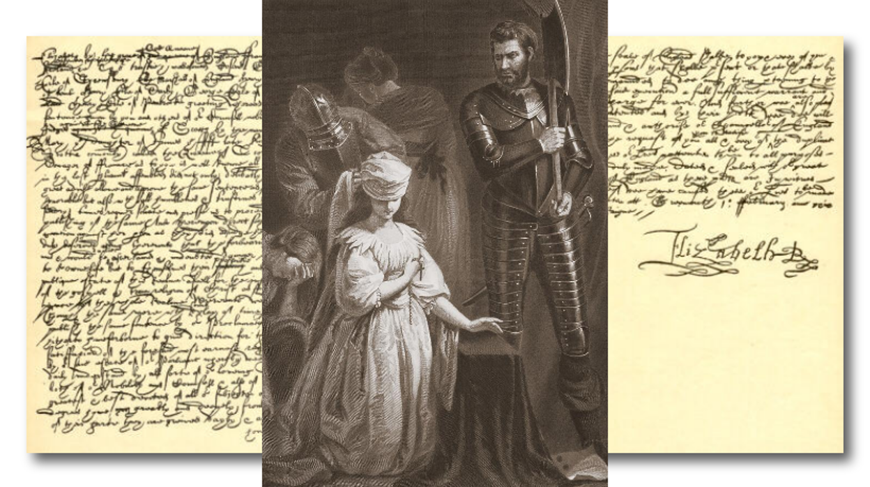 Montaje del dibujo de John Opie sobre la ejecución de María Estaurdo, con la sentencia de muerte firmada por Isabel I