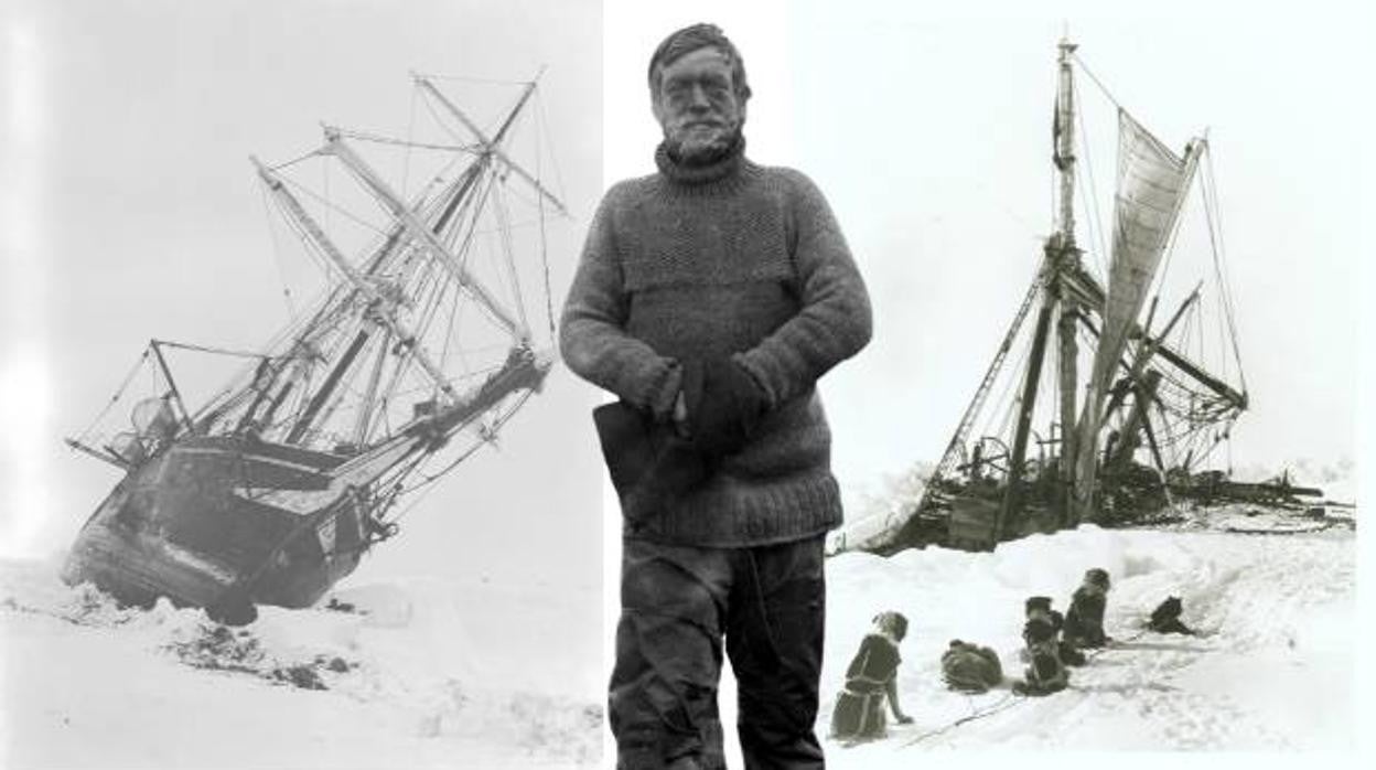 Retrato de Shackleton, en un montaje junto a dos imágenes delñ barco Endurance poco antes de hundirse