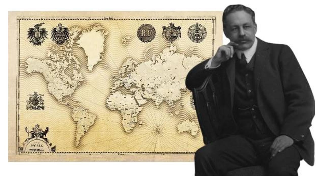 Mackinder, sobre un mapa mundi en el que plasmó su teoría