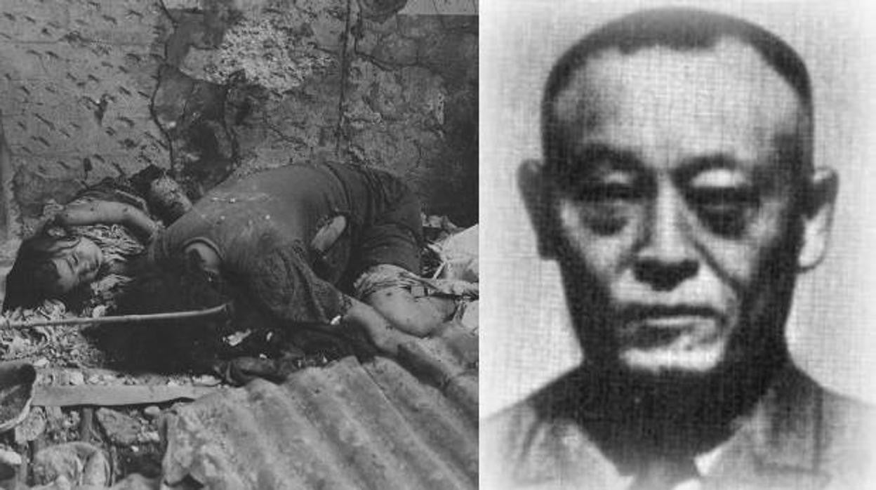 Único retrato de Iwabuchi, junto a una imagen de dos víctimas civiles de la masacre de Manila