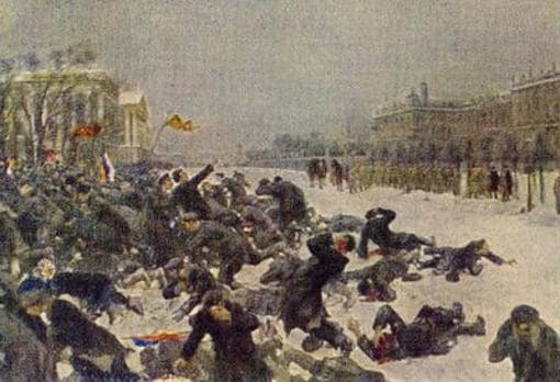 Pintura de Iván Vladímirov (1870-1947) sobre la matanza del Domingo Sangriento.