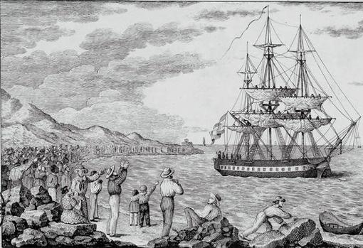 La corbeta María Pita, fletada para la expedición, partiendo del puerto de La Coruña en 1803.