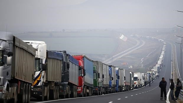 Camiones en la frontera de Kulata, entre Grecia y Bulgaria, durante una de los protestas convocadas en el lado griego