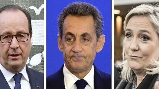 De izuerda a derecha, François Hollande, Nicolas Sarkozy y Marine Le Pen