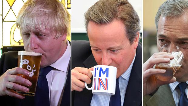 De izquierda a derecha, Johnson, Cameron y Farage