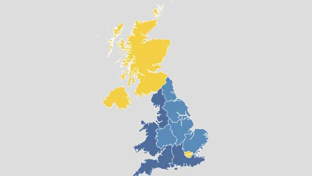 Mapa de Reino Unido con el resultado del referéndum de su salida de la Unión Europea