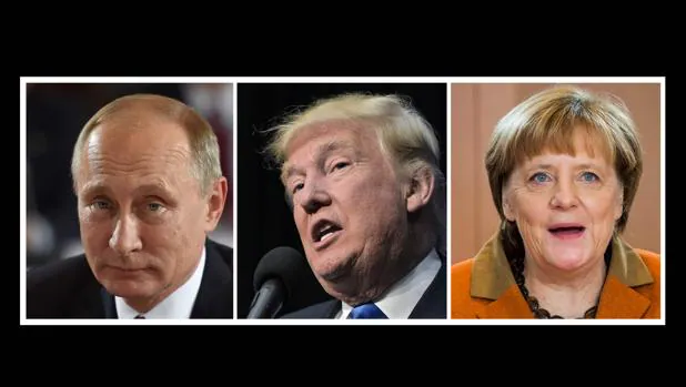 Combo con los rostros de las tres personas más poderosas del mundo: Putin, Trump y Merkel